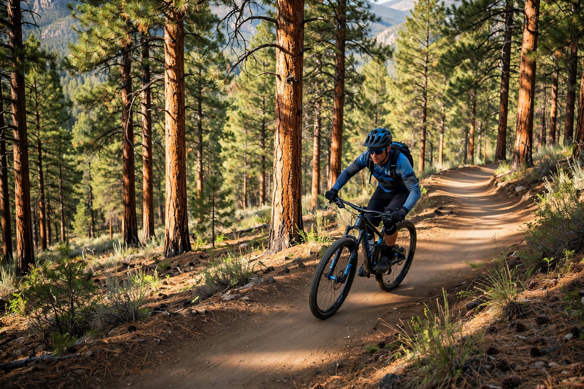 Rider on a pine forest singletrack trail