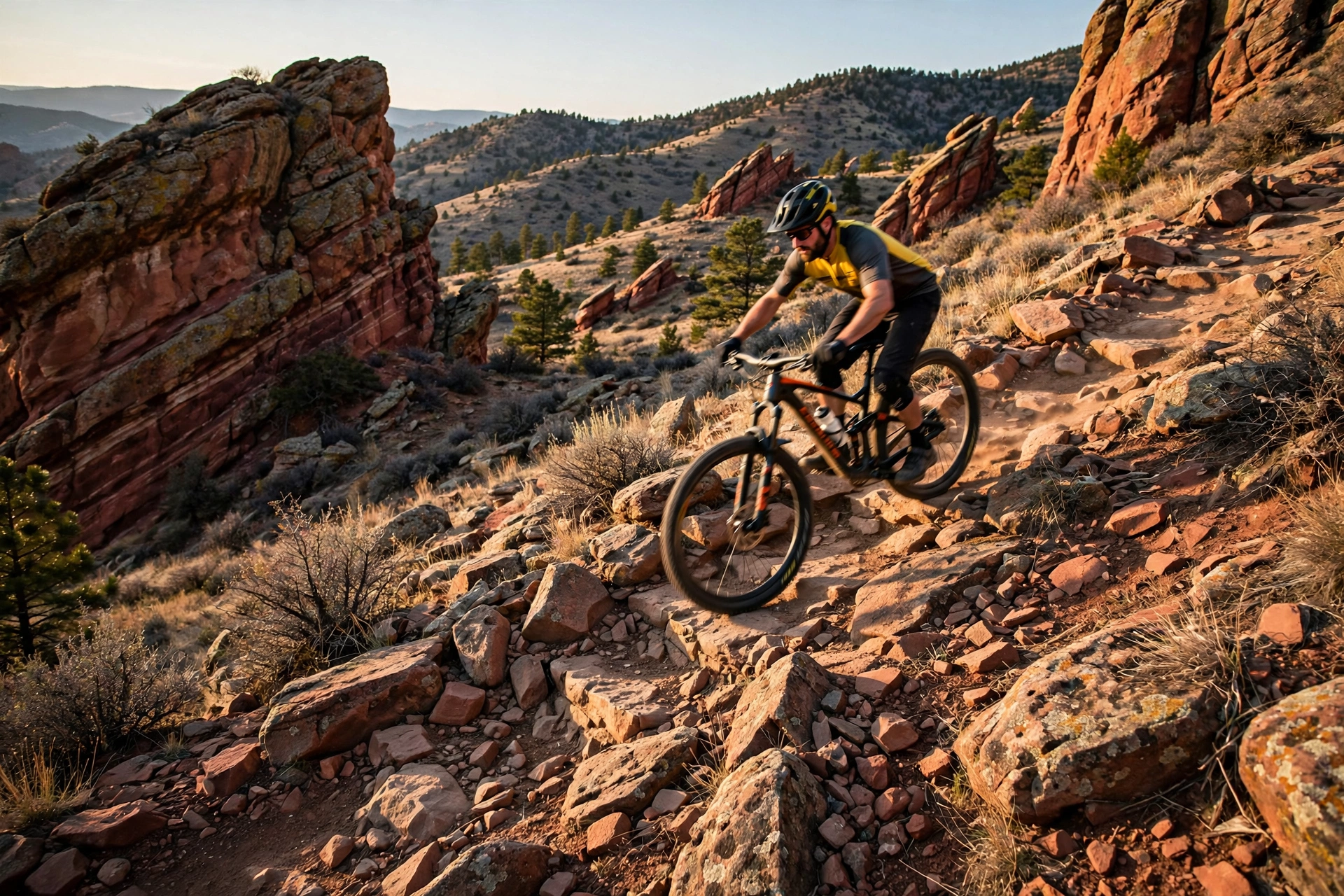 Rider descending a rocky red rock trail